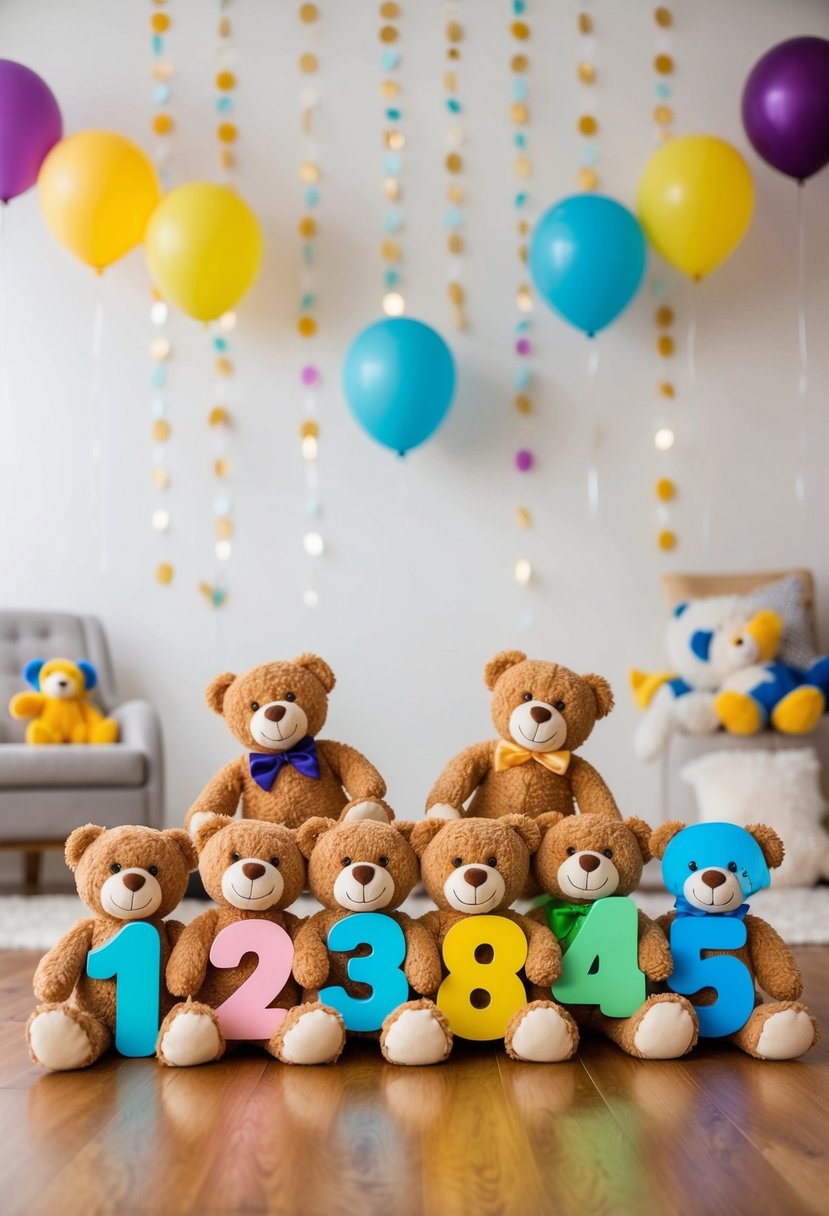 A milestone photo scene with 12 numbered teddy bear props arranged in a creative and playful manner for a baby photoshoot at home