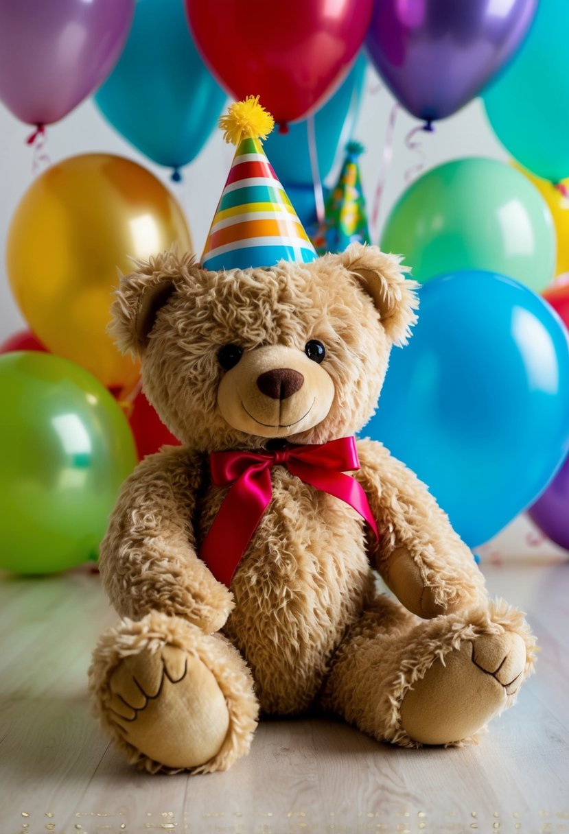 A fluffy teddy bear wearing a birthday hat surrounded by colorful balloons for a baby photoshoot at home