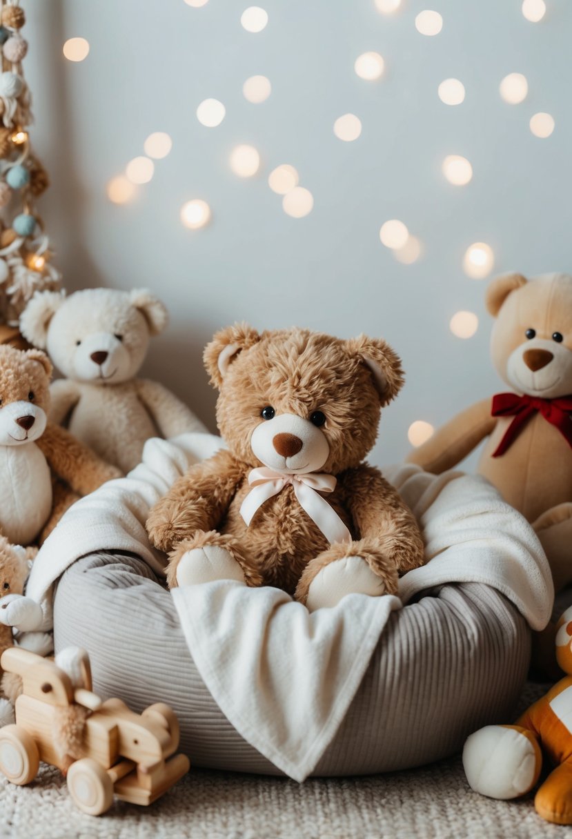 A cozy nest of soft blankets and a cuddly teddy bear surrounded by baby toys and stuffed animals