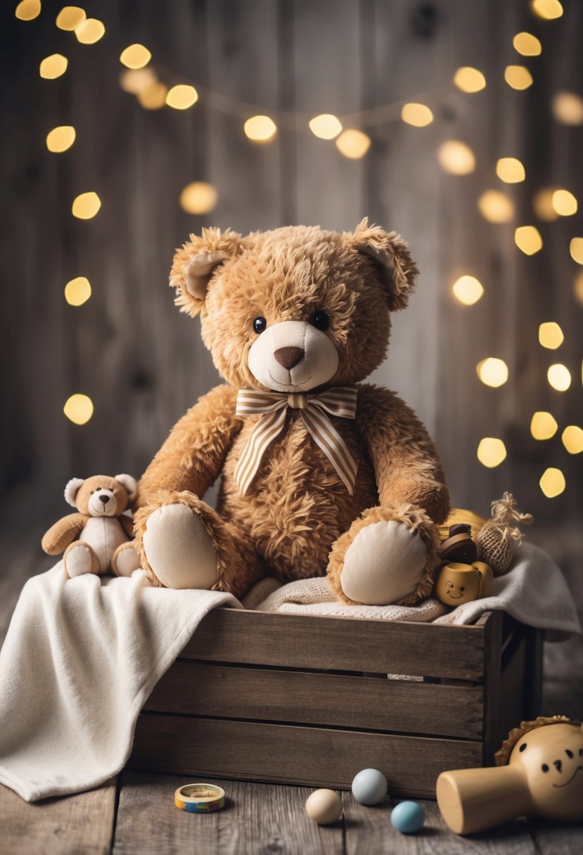A vintage teddy bear sits on a wooden crate surrounded by soft blankets and toys, creating a cozy and nostalgic baby photoshoot setting