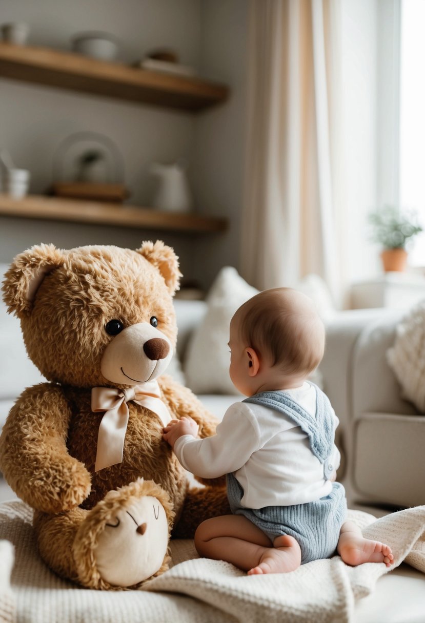 A teddy bear holds a baby's hand, both sitting on a soft blanket in a cozy home setting