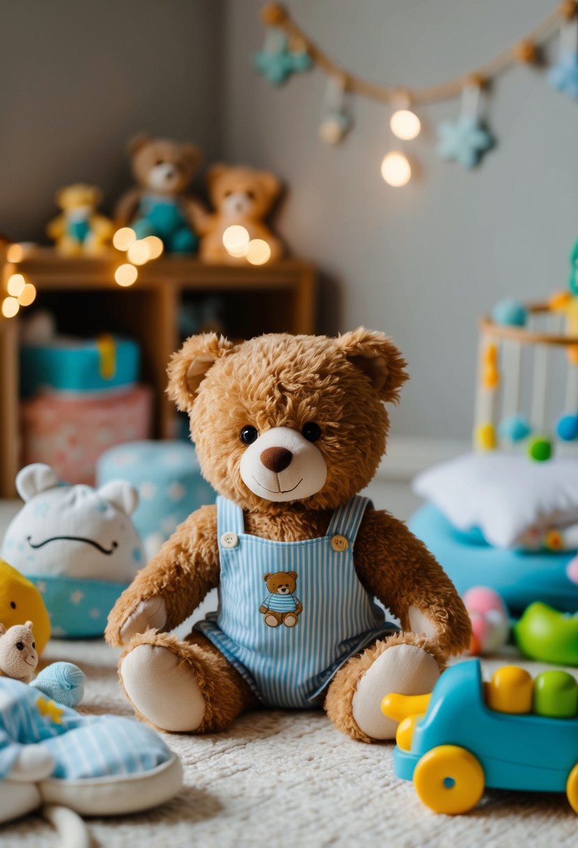 A cozy nursery with a small teddy bear wearing a matching outfit to a baby's clothing. Toys and baby accessories are scattered around the room