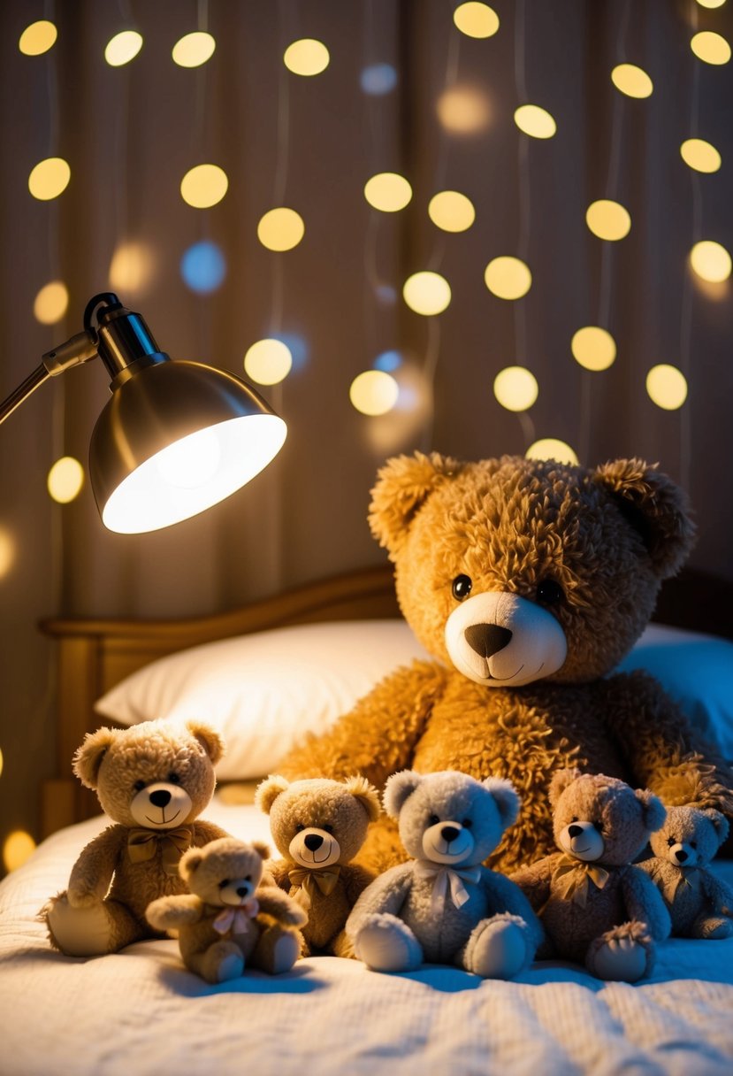 A cozy teddy bear bedtime setup with a soft lamp casting a warm glow, surrounded by 12 adorable baby teddy bear photoshoot props