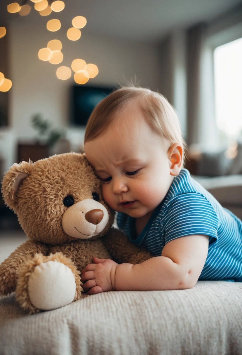 A baby cuddles a teddy bear, their faces close together, in a cozy home setting