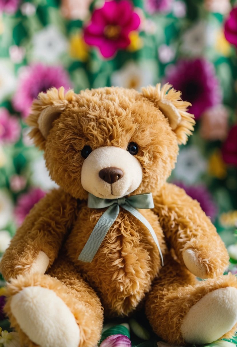A fluffy teddy bear sits in front of a vibrant floral backdrop, surrounded by soft, natural lighting