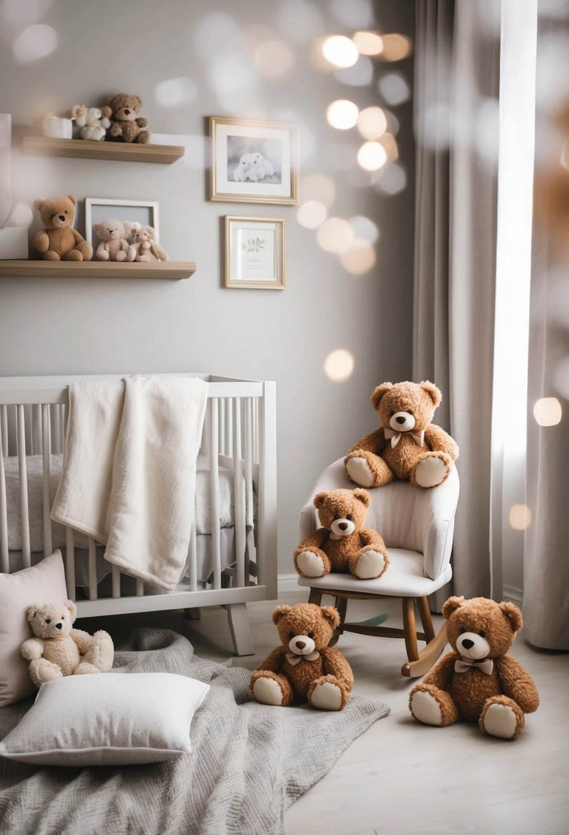A cozy nursery with soft blankets and pillows, a small teddy bear chair, and a collection of adorable teddy bears arranged for a photoshoot