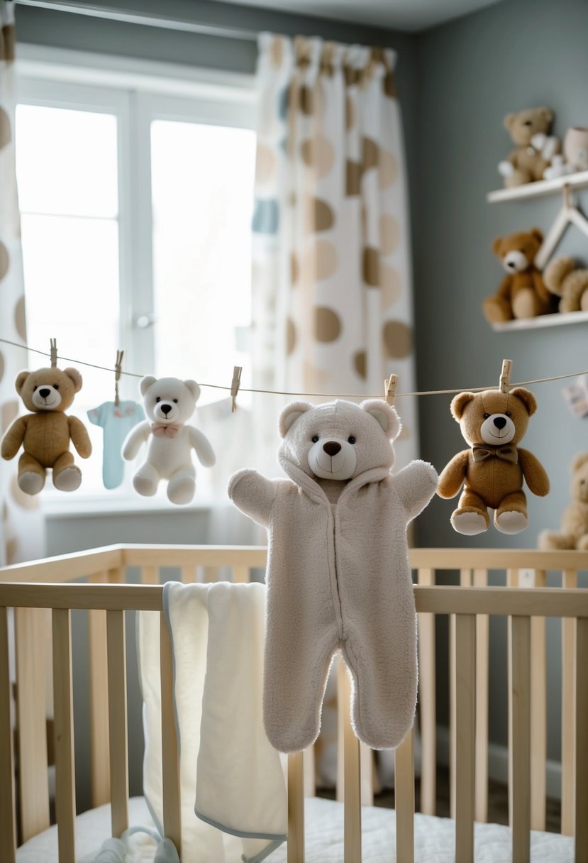 A cozy nursery with teddy bear-themed decor, soft blankets, and a baby-sized teddy bear outfit displayed on a clothesline