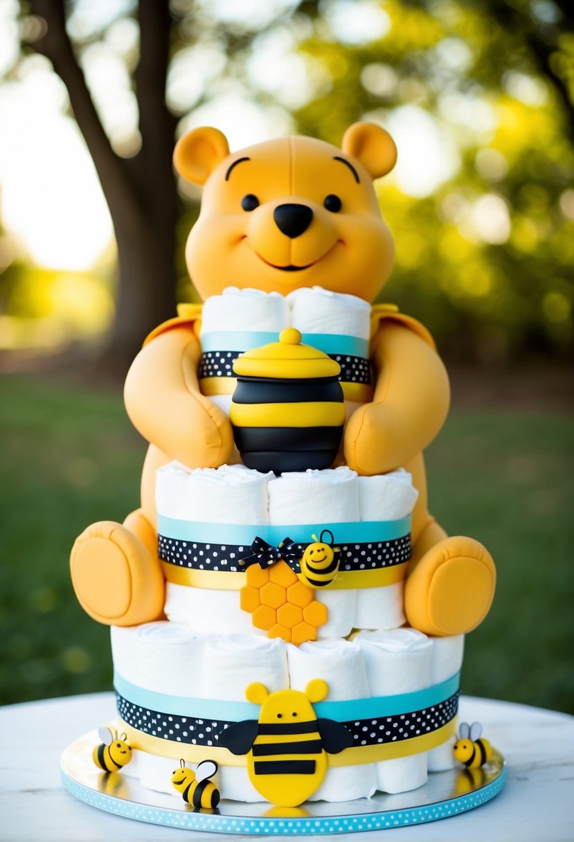 A diaper cake shaped like Winnie the Pooh, adorned with honey pot and bees