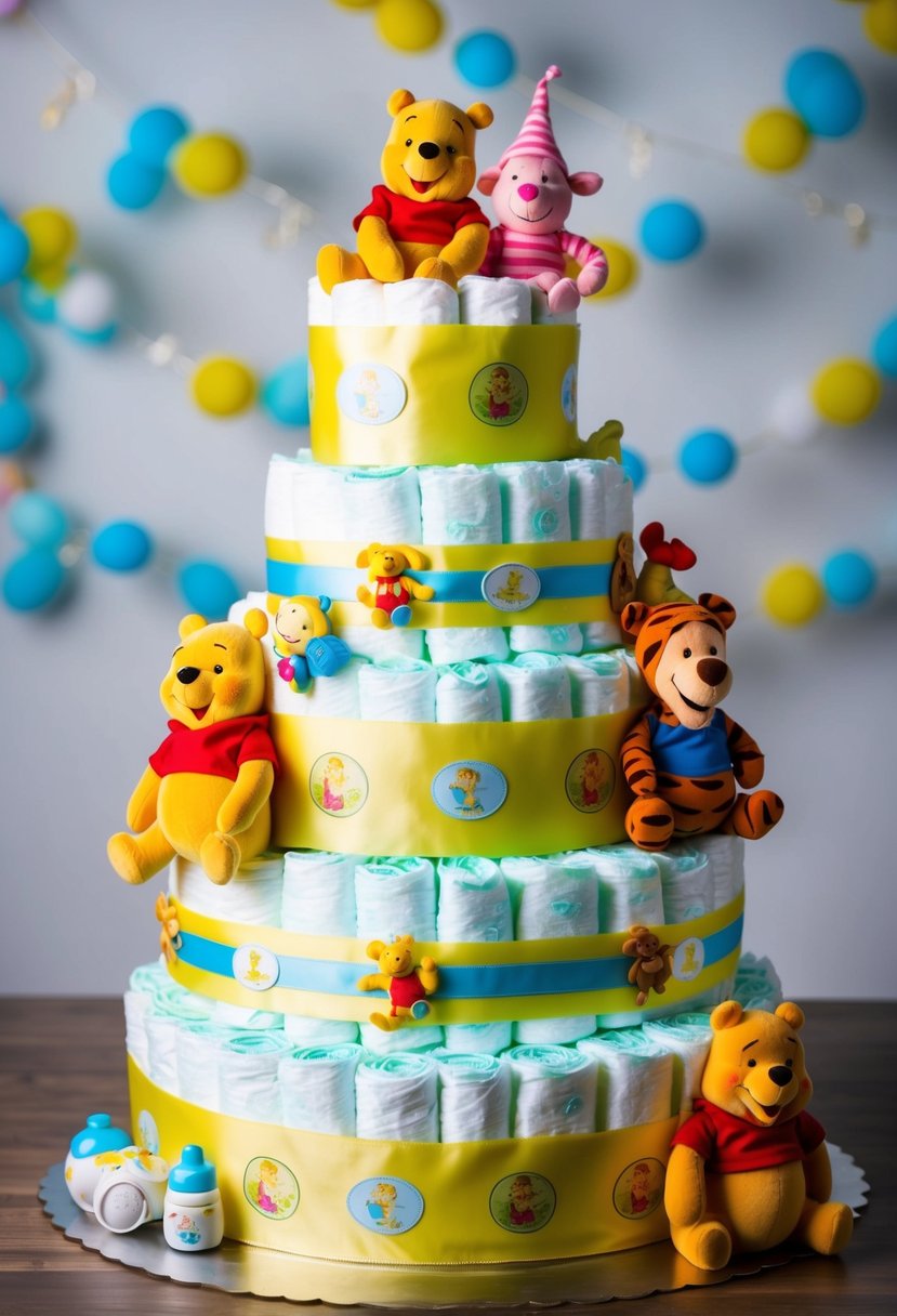 A stack of diapers arranged in a cake shape, adorned with Winnie the Pooh themed baby items and toys