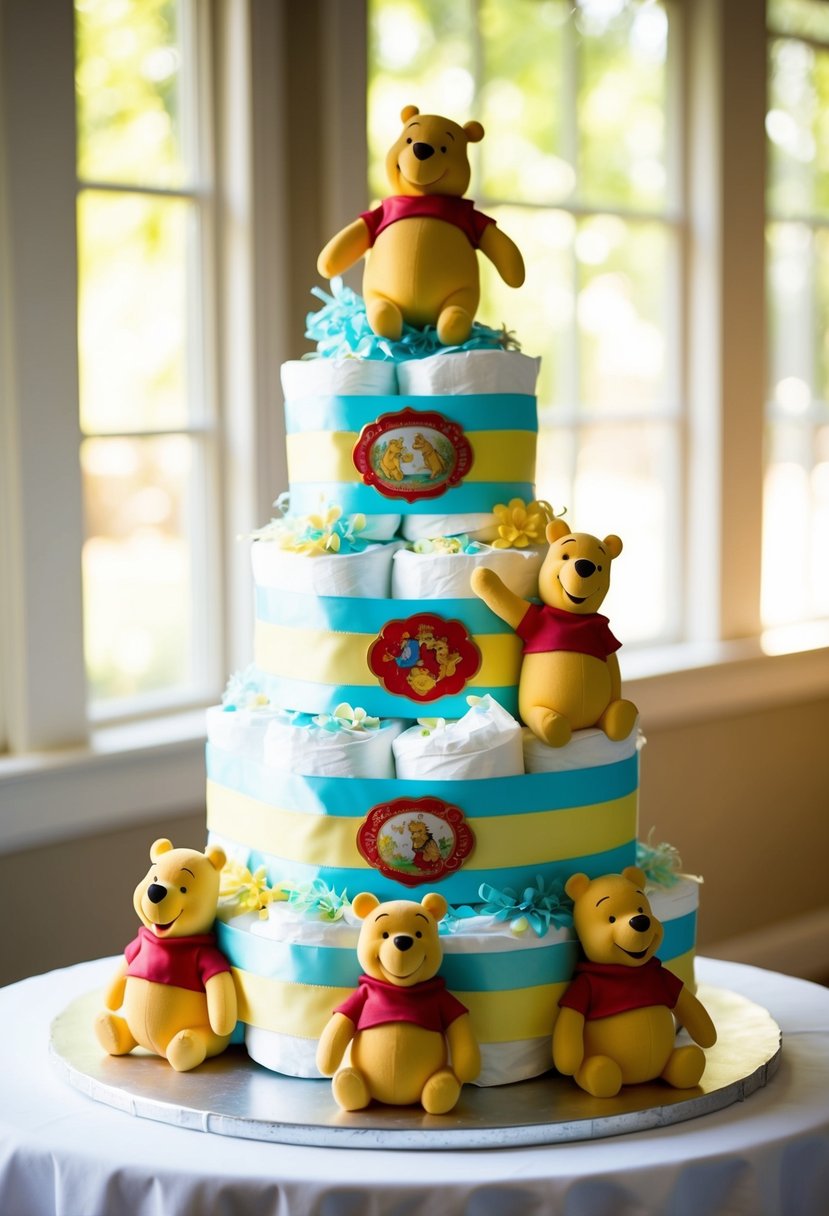 A diaper cake adorned with vintage Winnie the Pooh decor, featuring 8 tiers in a no-roll method