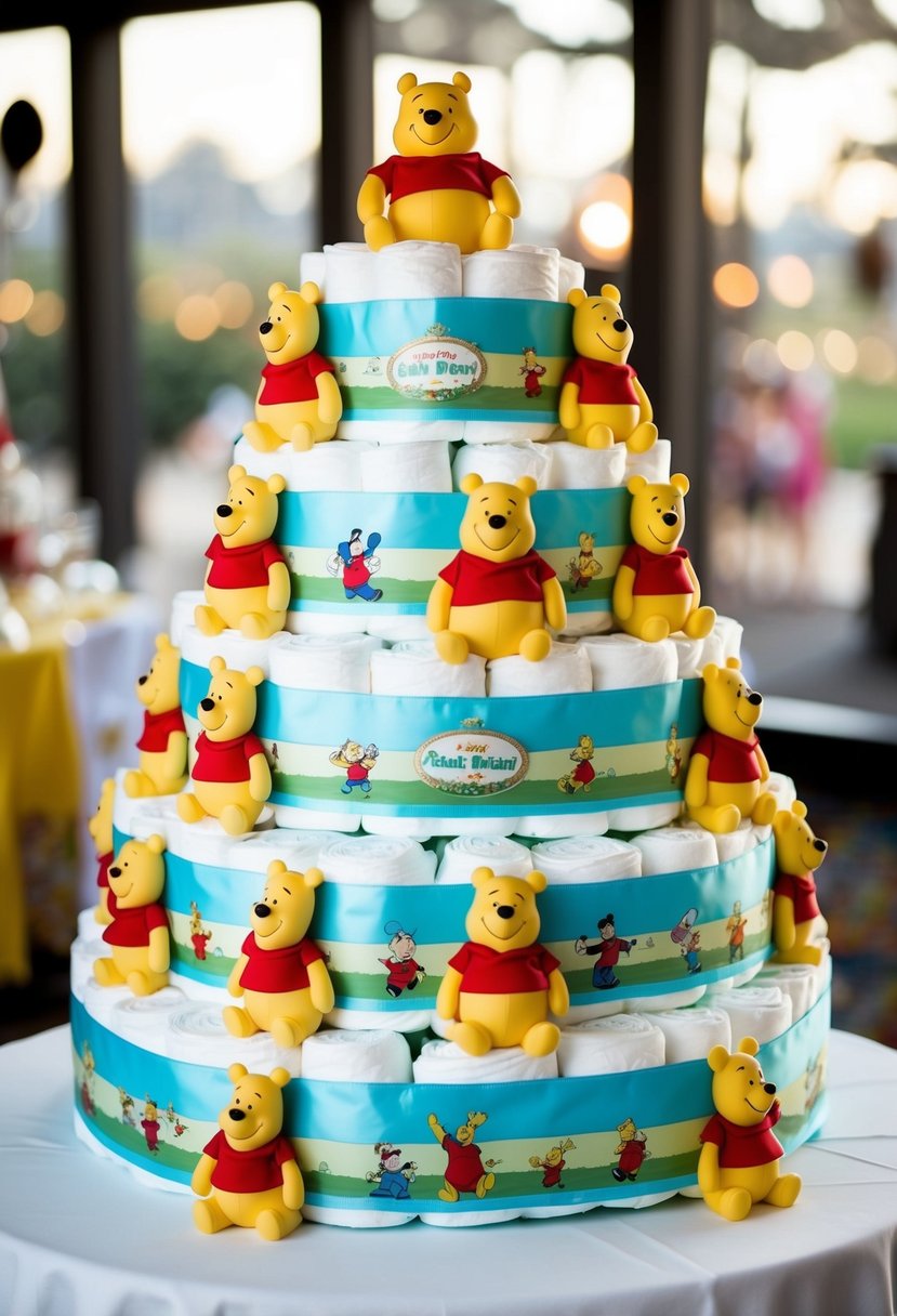 A stack of 8 Winnie the Pooh-themed diaper cakes, adorned with Disney characters and custom designs