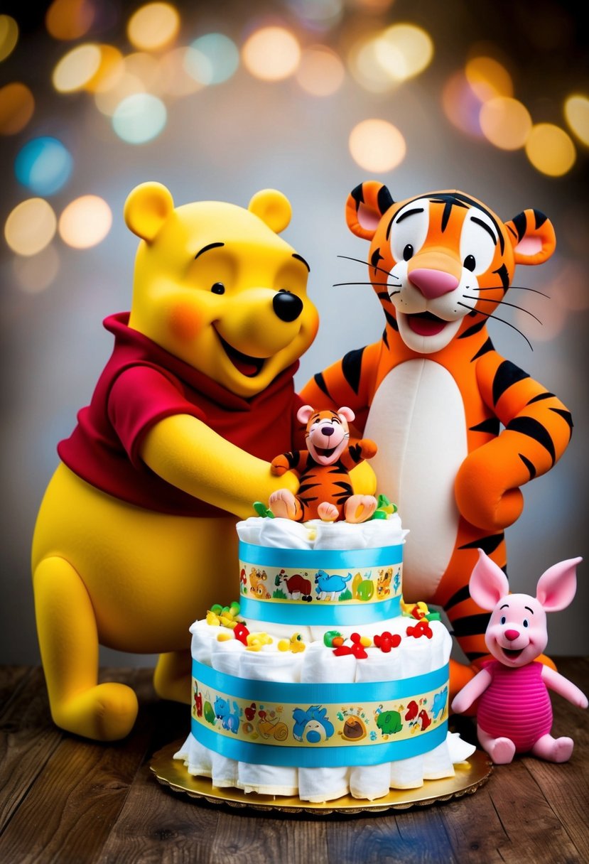 Three buddies - Winnie the Pooh, Tigger, and Piglet - gathered around a diaper cake adorned with Winnie the Pooh-themed decorations