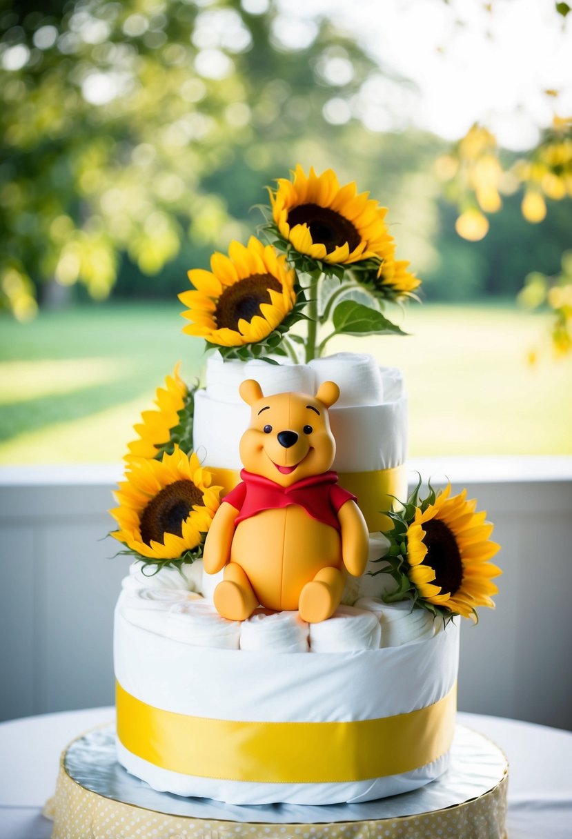 A two-tier diaper cake featuring Winnie the Pooh with sunflowers