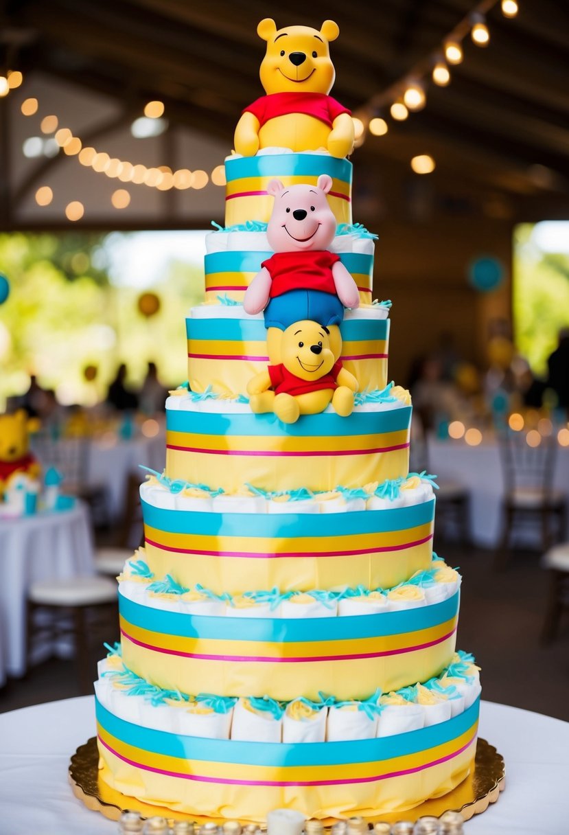 A diaper cake centerpiece featuring 8 Winnie the Pooh-themed tiers for a baby shower