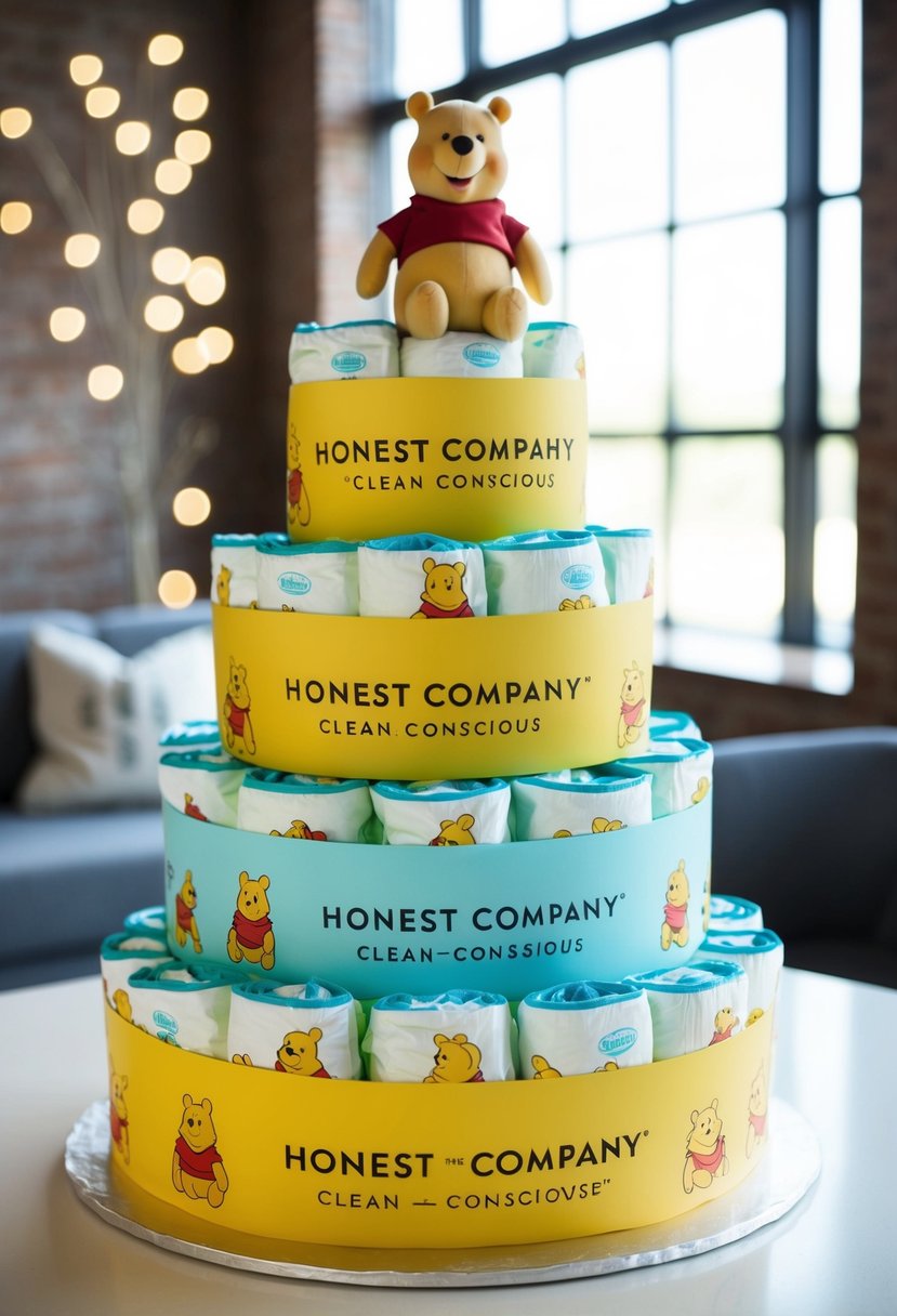 A stack of Winnie the Pooh-themed diapers arranged in a cake shape, adorned with Honest Company Clean Conscious branding