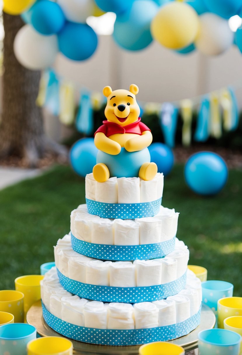 A blue Winnie the Pooh cake topper sits atop an 8-tier diaper cake for a boys' baby shower