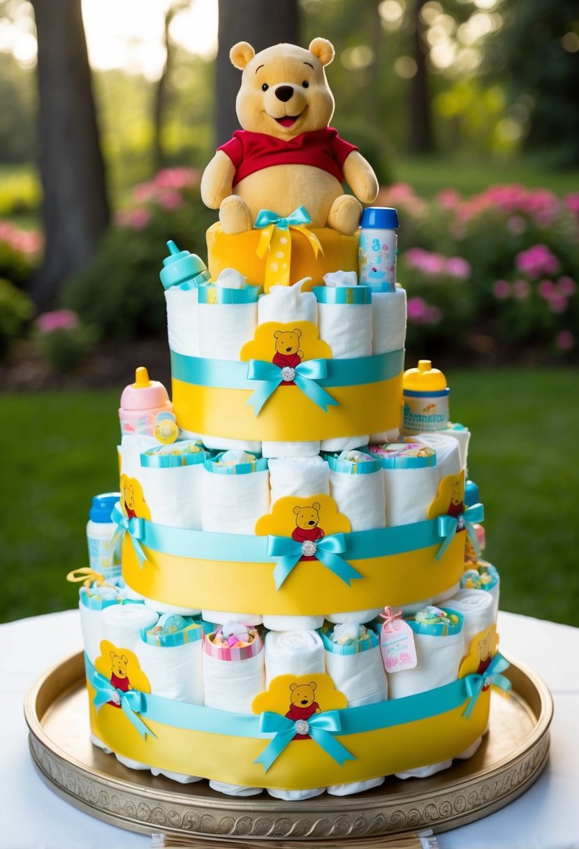 A stack of 8 Winnie the Pooh themed diaper cakes, adorned with ribbons and baby essentials, arranged on a decorative tray
