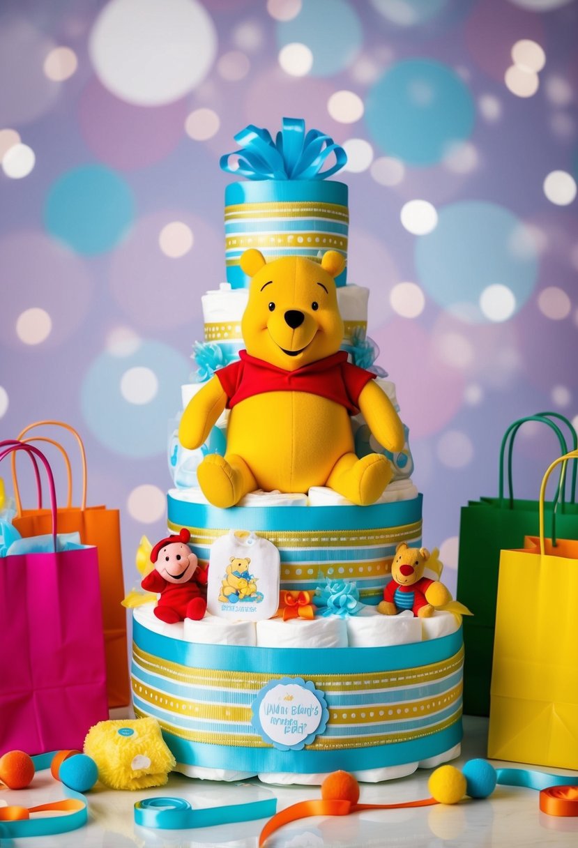 A diaper cake adorned with Winnie the Pooh themed baby items, surrounded by colorful gift bags and ribbons