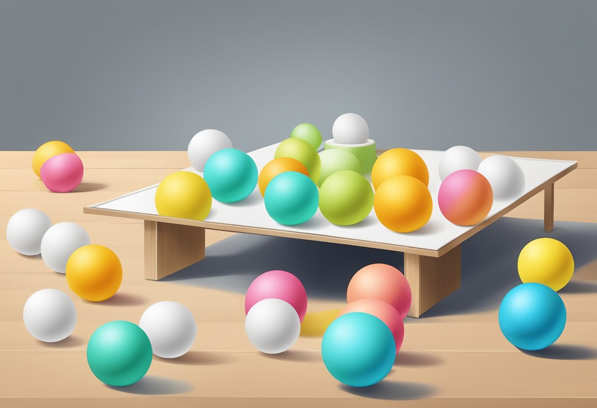 A table with diaper-covered cups arranged in a triangle, and ping pong balls nearby