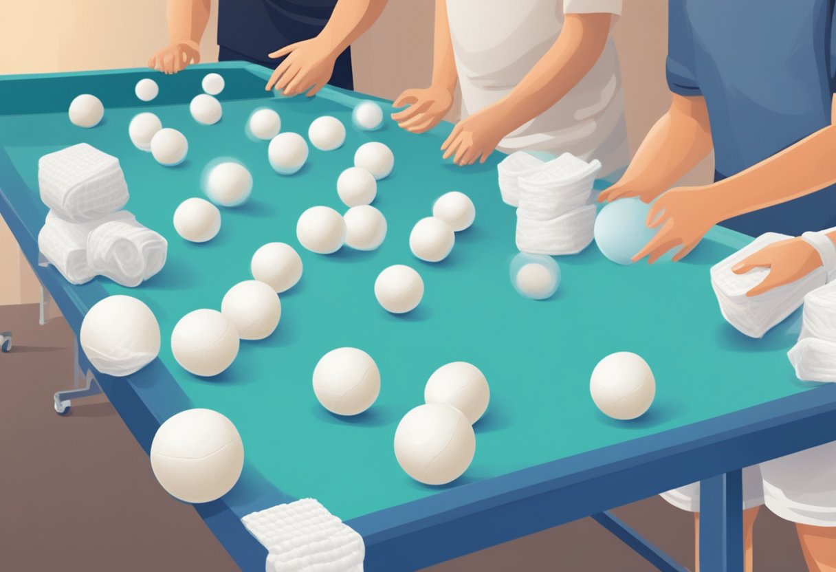 A table with rows of diapers, each filled with different items. Ping pong balls scattered around. Players standing behind a line, ready to toss the balls into the diapers