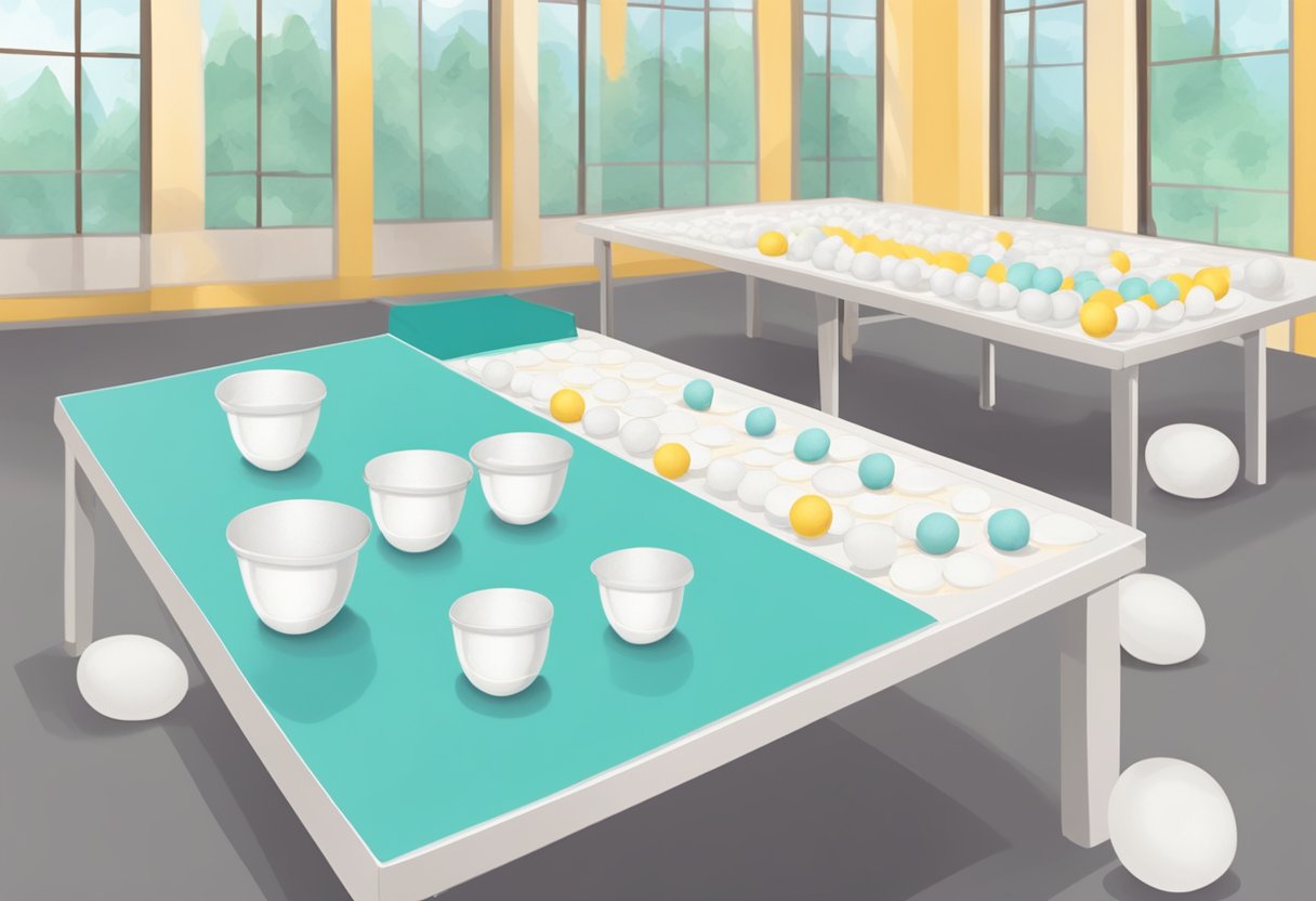 A table with diapers, ping pong balls, and cups arranged for Diaper Pong game at a baby shower