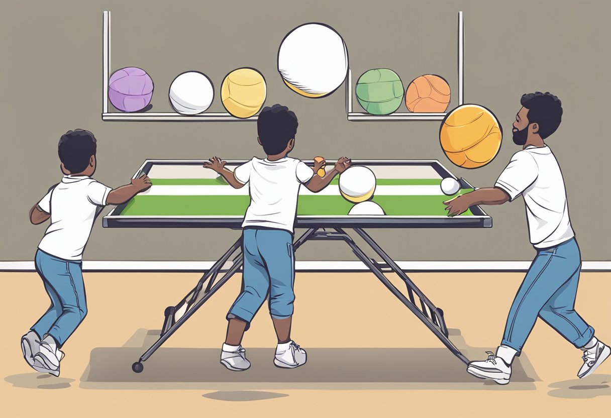 A table with diaper pong set up: two teams, each with a stack of diapers and a ping pong ball, taking turns trying to land the ball in the diapers