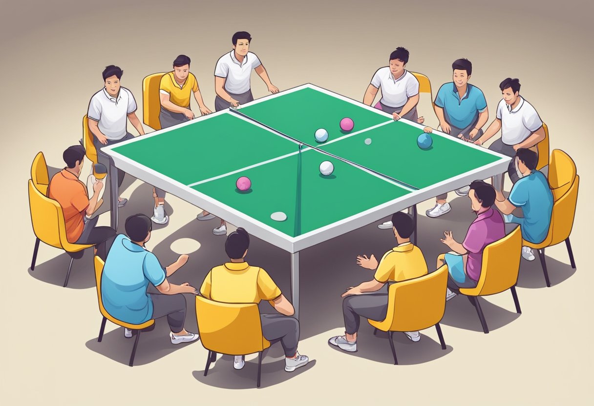 A table with diapers arranged in a triangular formation, with ping pong balls and players ready to toss