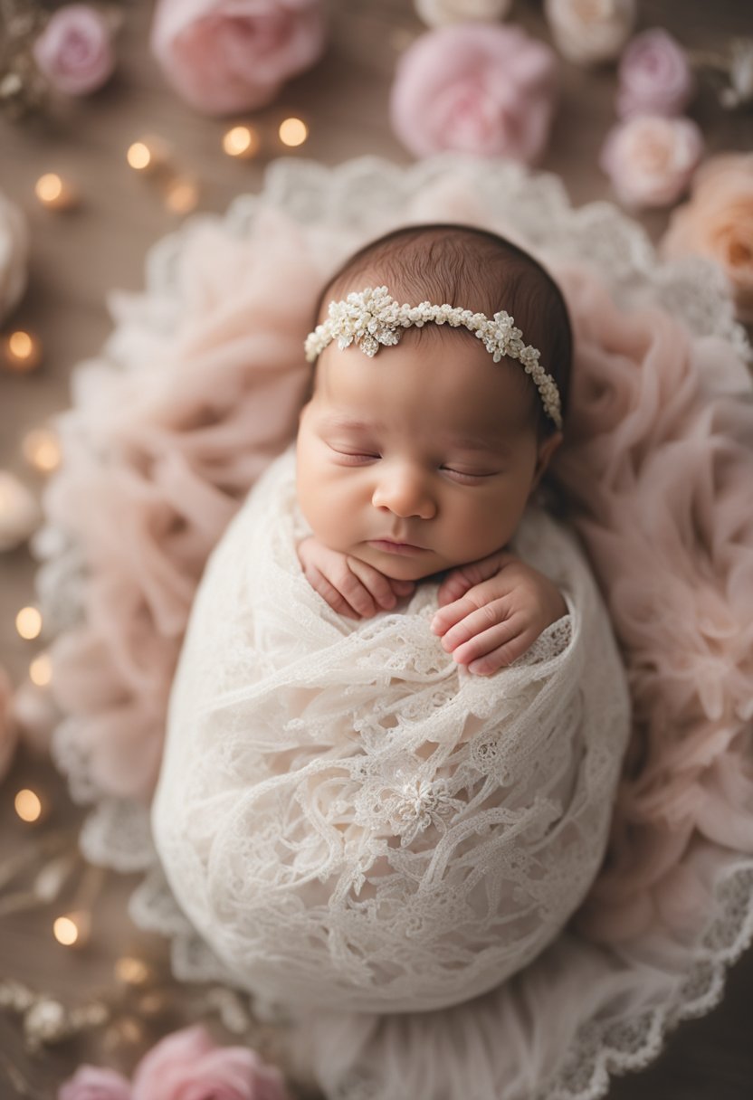 A newborn baby girl wrapped in delicate lace, surrounded by soft pastel props and natural light, creating a serene and angelic atmosphere
