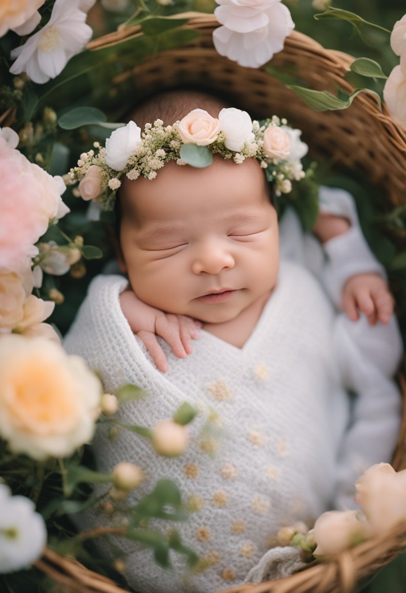 A newborn girl wearing a floral headband surrounded by soft, pastel-colored flowers in a natural, outdoor setting