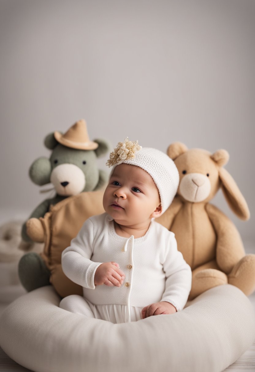 A simple white backdrop with soft lighting, featuring various props and accessories for newborn girl photography