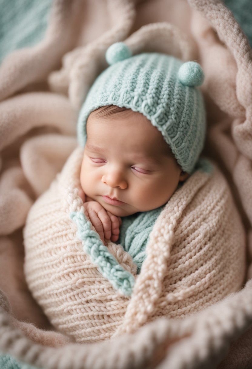 A newborn baby girl wrapped in a knitted blanket, surrounded by soft, pastel-colored props in a cozy and warm setting