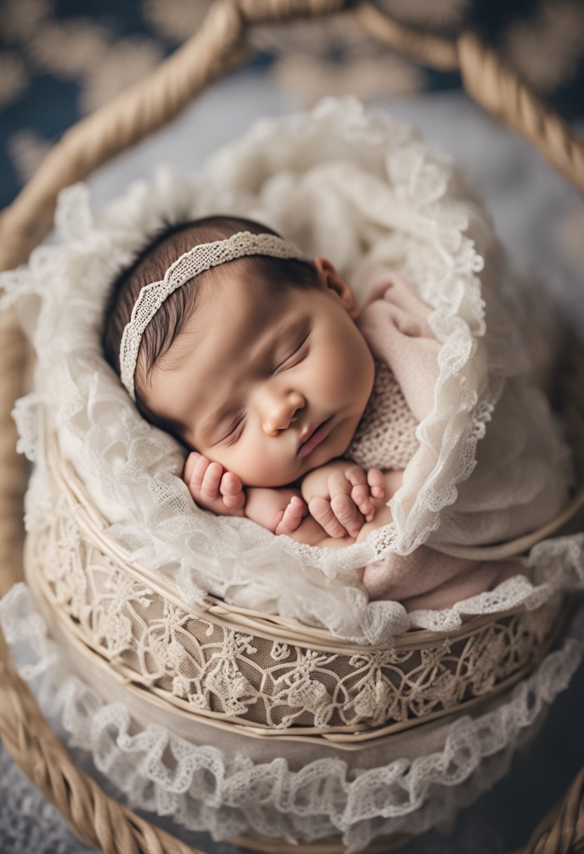 A newborn baby girl sleeping peacefully in a vintage bassinet surrounded by soft blankets and delicate lace