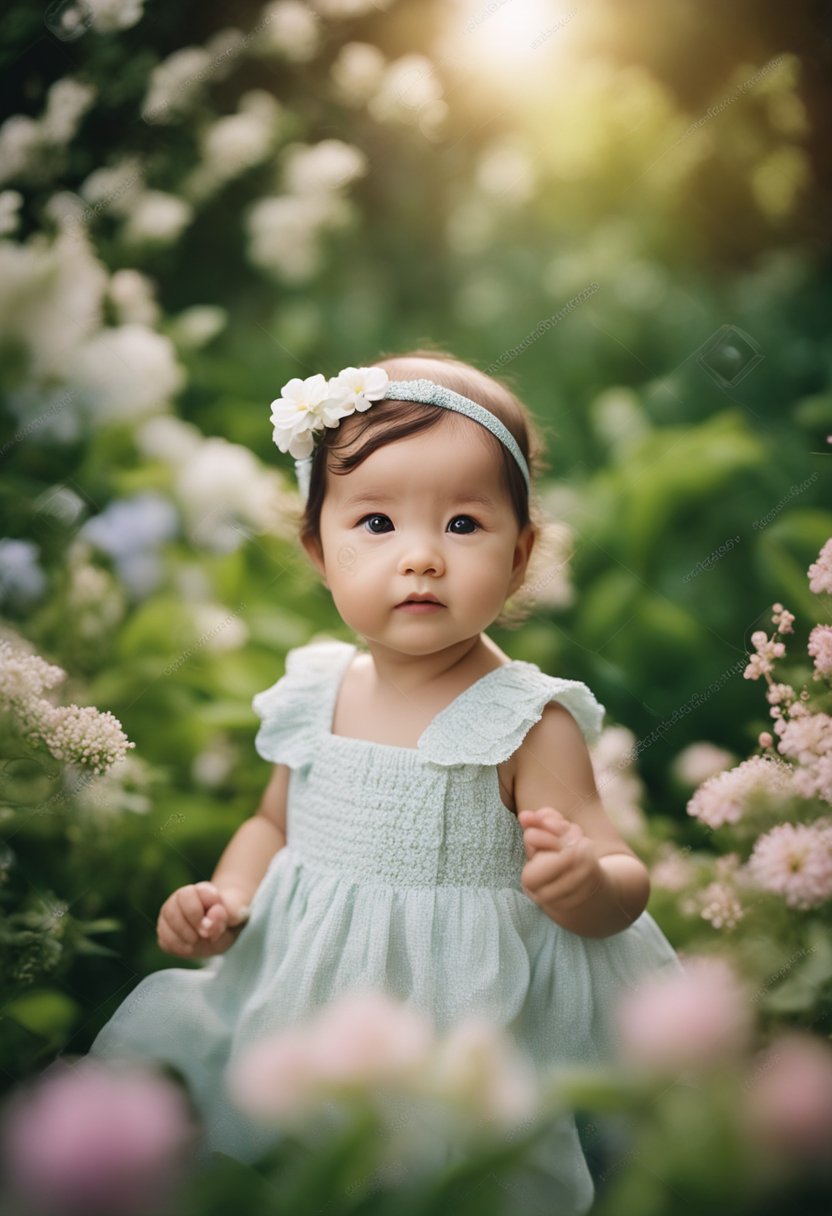 A lush garden with blooming flowers and a gentle breeze, perfect for capturing the innocence and beauty of a newborn girl in 2025
