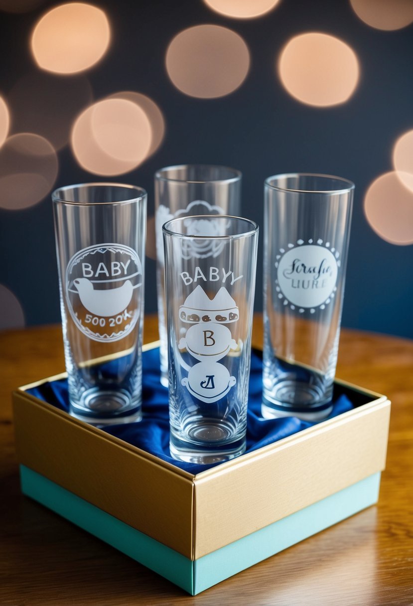 A collection of custom-etched glassware arranged in a decorative box, each piece featuring unique baby announcement designs