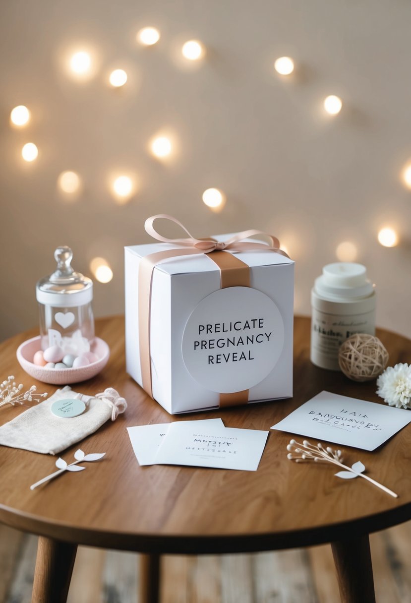 A handmade paper pregnancy reveal box sits on a wooden table, surrounded by delicate baby announcement items and surrounded by soft, natural light