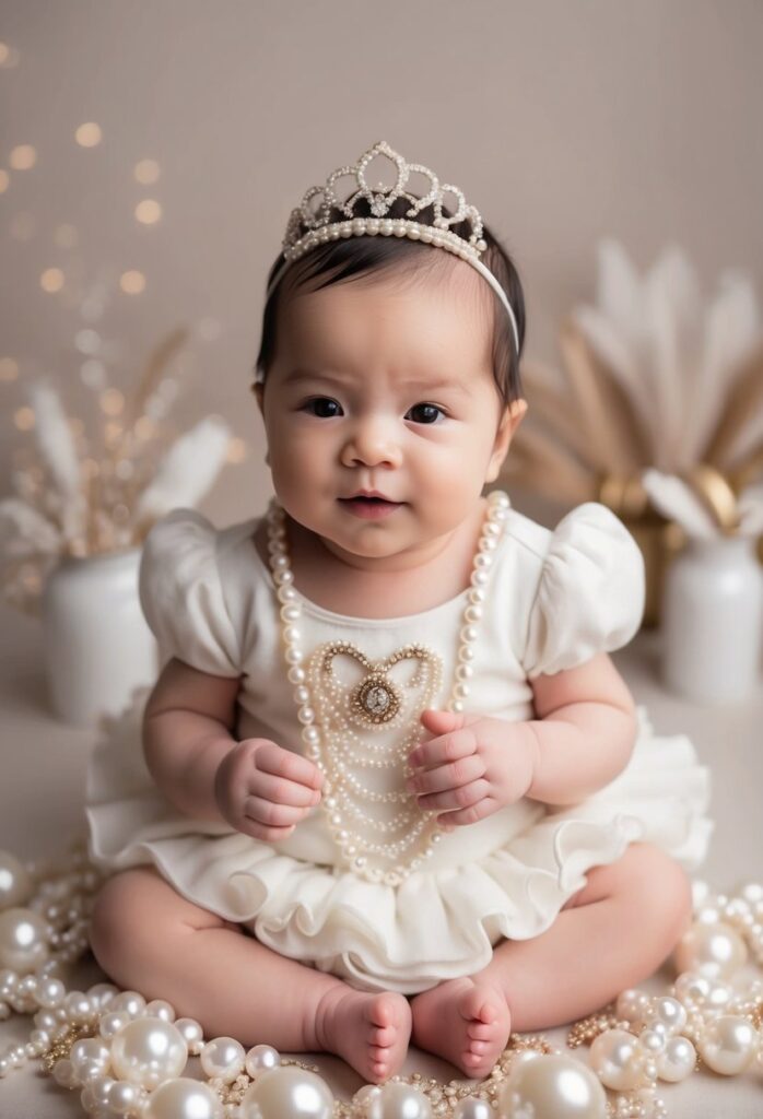 A newborn girl's outfit with a pearl princess theme, surrounded by soft, pastel-colored props and delicate floral accents in a dreamy, ethereal setting