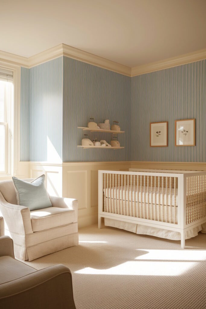 A cozy nursery with blue and white striped wallpaper, a rocking chair, a crib with matching bedding, and a shelf filled with baby essentials