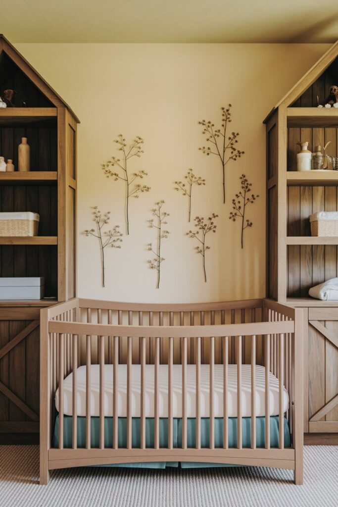 A cozy rustic baby boy nursery with wooden crib, plaid bedding, and woodland animal decor