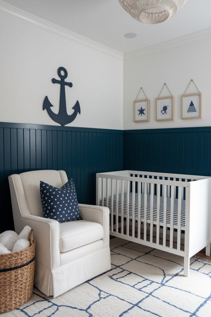 A serene nursery with a nautical theme, featuring ships and anchors adorning the walls and decor