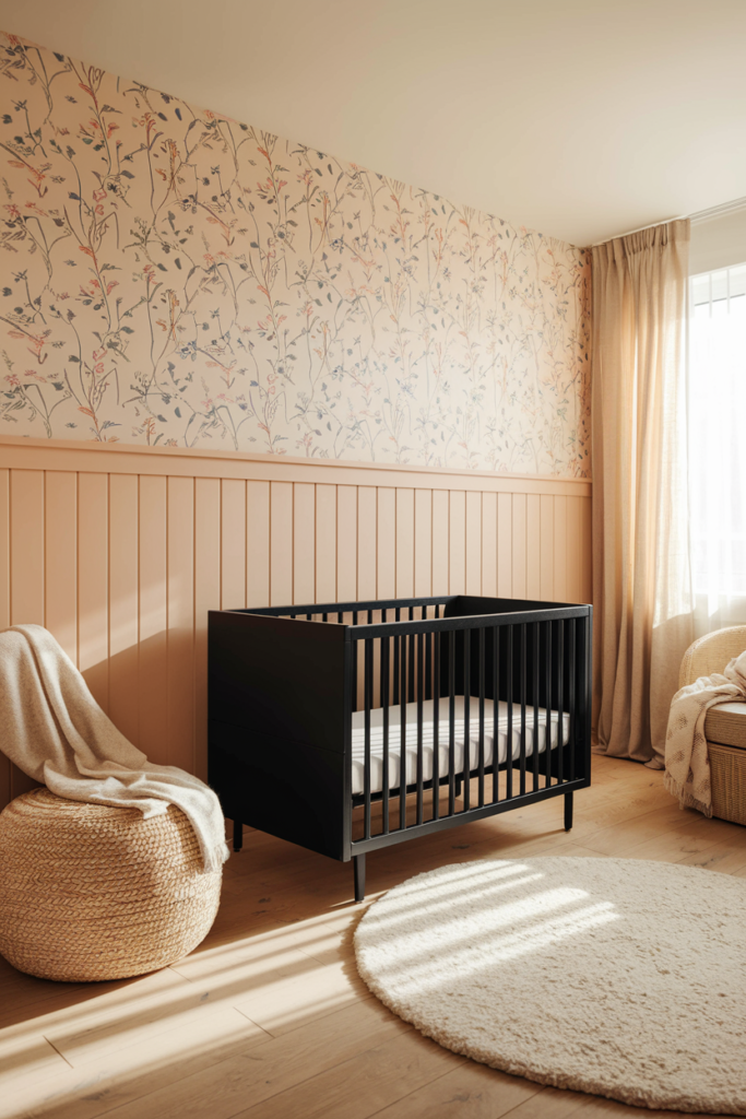 In a softly lit, warm-toned nursery, a sleek black crib stands as the centerpiece, its modern lines contrasting beautifully against a backdrop of light wooden floors and pastel walls adorned with delicate floral wallpaper. 