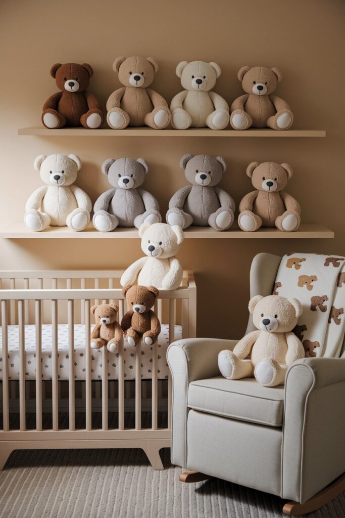In a softly lit nursery, a gentle and playful atmosphere envelops the space, filled with soft brown, beige, and white plush teddy bears. These charming companions sit on shelves, perched on a crib, and nestled in a rocking chair, creating a warm and inviting ambiance.