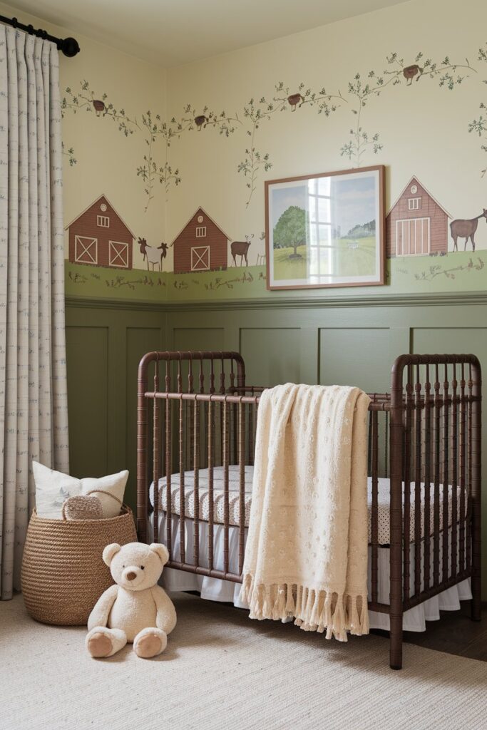 A cozy country nursery with rustic wooden furniture, soft blue and white decor, and adorable baby boy-themed accents