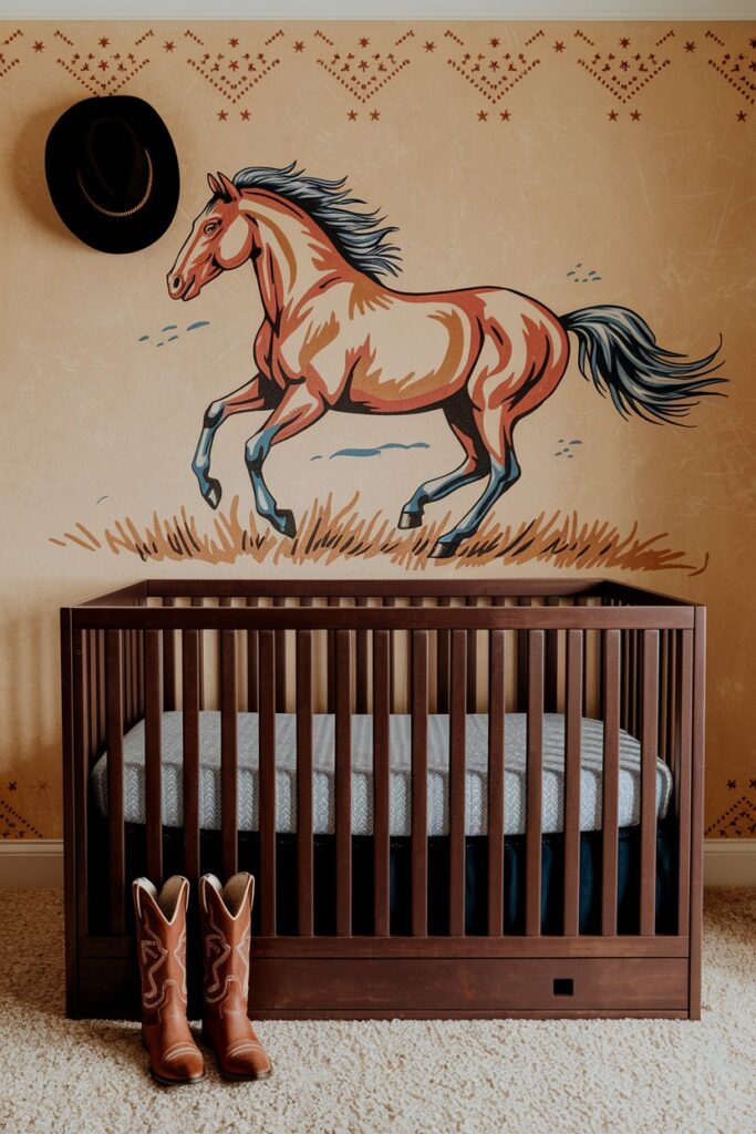 A cowboy-themed nursery with a rustic wooden crib, plaid curtains, and western-themed wall decor