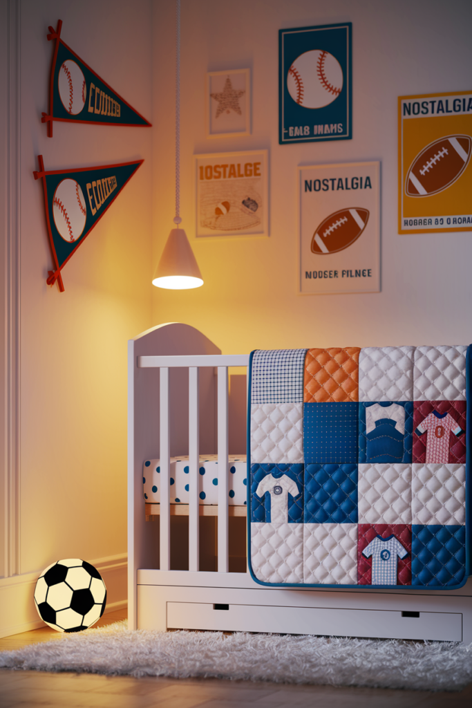 In a cozy, warmly lit nursery, a vibrant 3D render showcases a charming blend of sports nostalgia and modern comfort. Soft pastel walls are adorned with vintage pennants and classic posters featuring baseballs and footballs, while a playful quilt with stitched jerseys covers the crib.