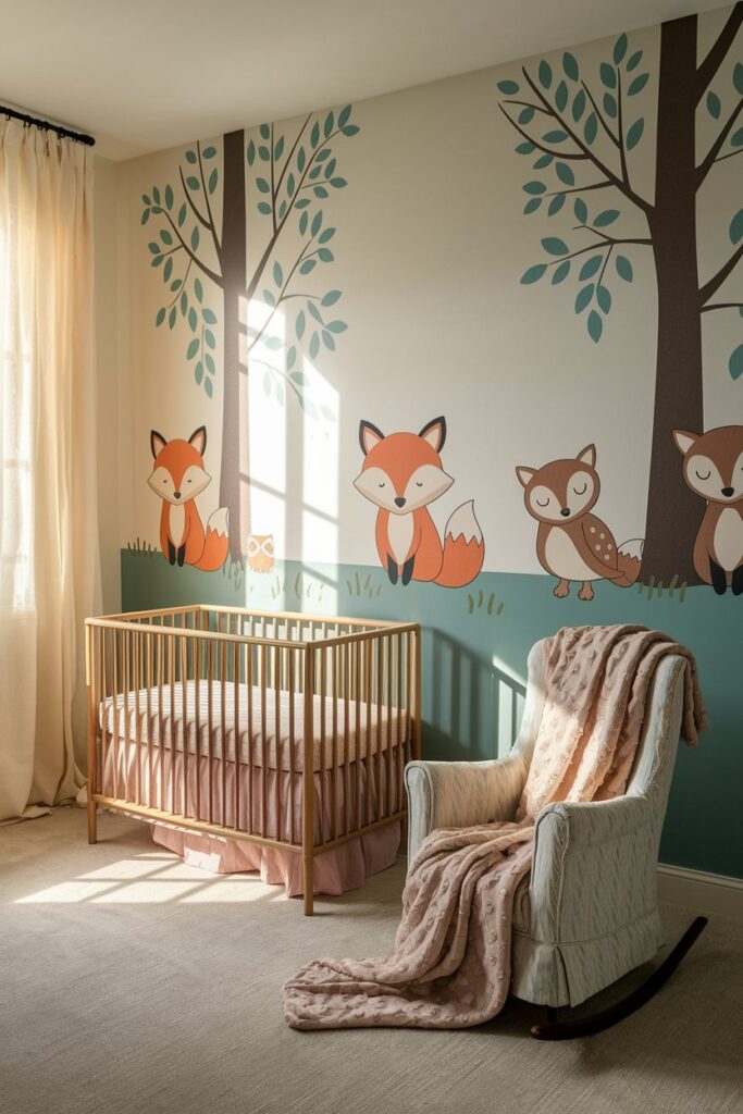 A cozy woodland nursery with playful foxes and wise owls adorning the walls and decor