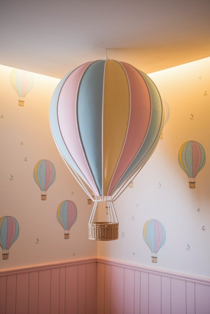 A hot air balloon nursery with pastel colors