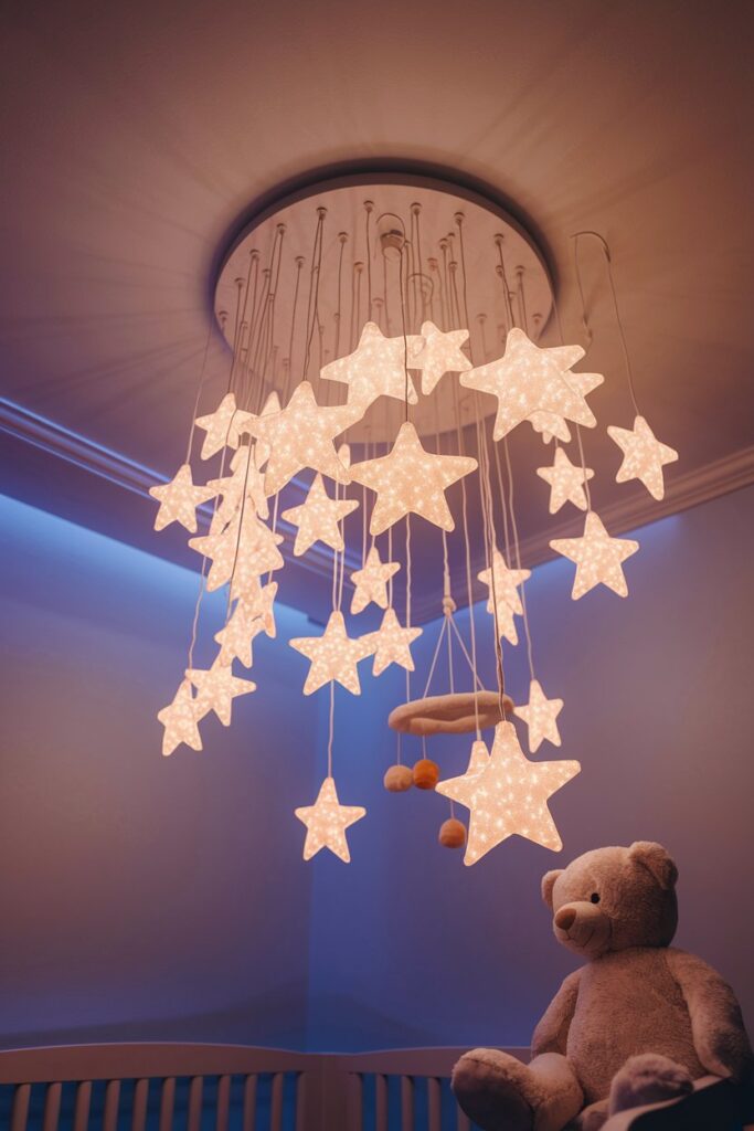 
In a softly lit nursery, a cluster of glow-in-the-dark

stars adorns the ceiling, casting a gentle, ethereal light that transforms the room into a celestial wonderland. Each star emits a soft, warm glow, creating an enchanting atmosphere that seems to dance with magic.