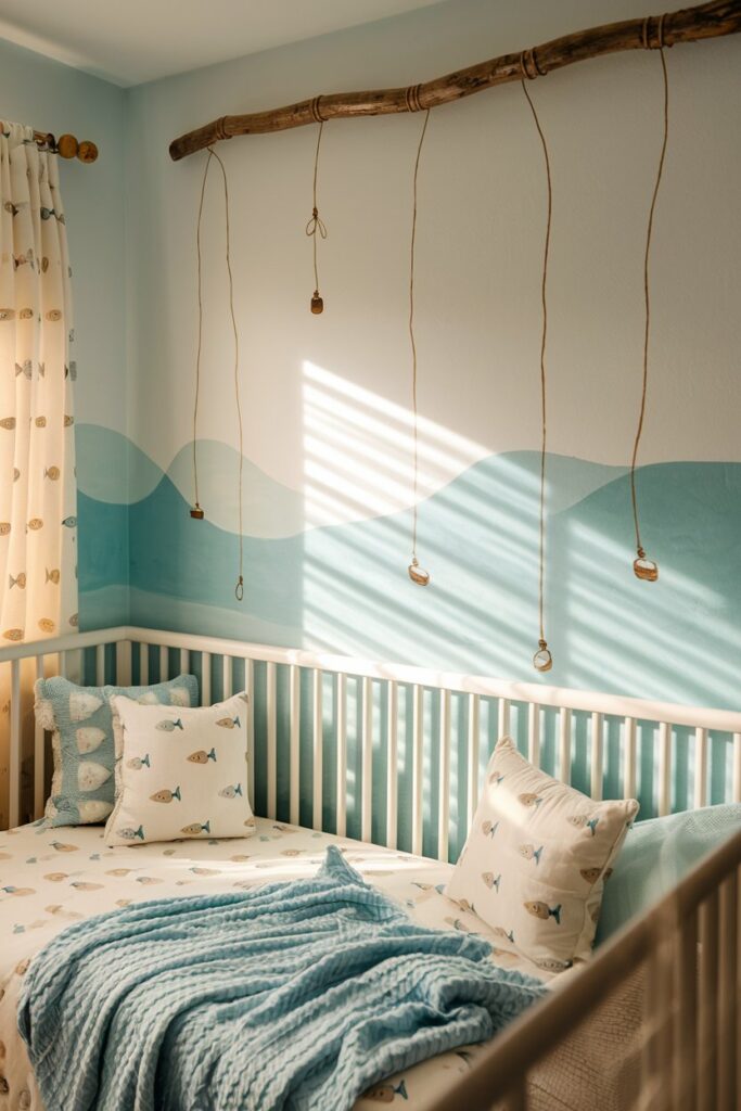 A cozy nursery with a baby boy fishing theme. A crib with fish-shaped mobiles, a fishing rod decor, and a serene lake mural on the wall