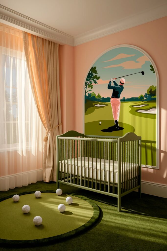 A cozy nursery with golf-themed decor, including a baby blue color scheme, golf club wall art, and a plush grass-like rug