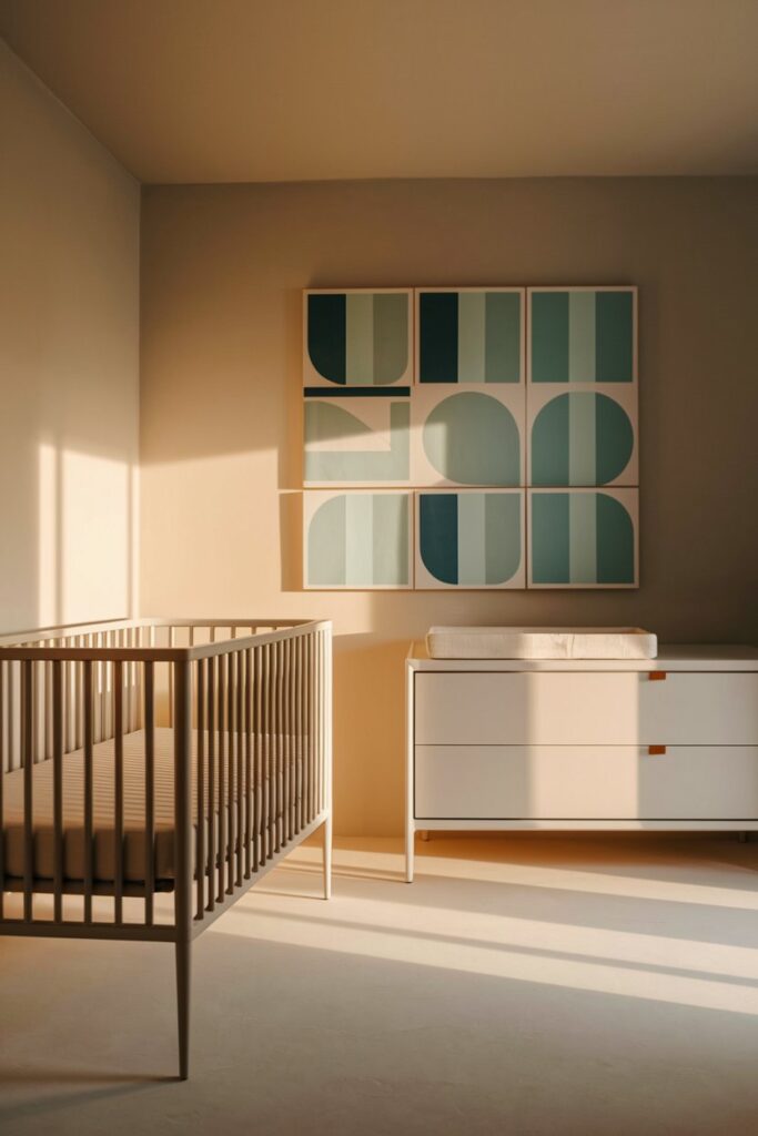 A minimalist modern baby boy nursery bathed in warm, inviting hues of soft gray and white, with a subtle pop of calming blue. A sleek, low-profile crib with thin metal legs stands gracefully against a wall adorned with geometric patterned wall art in shades of mint green and sky blue.